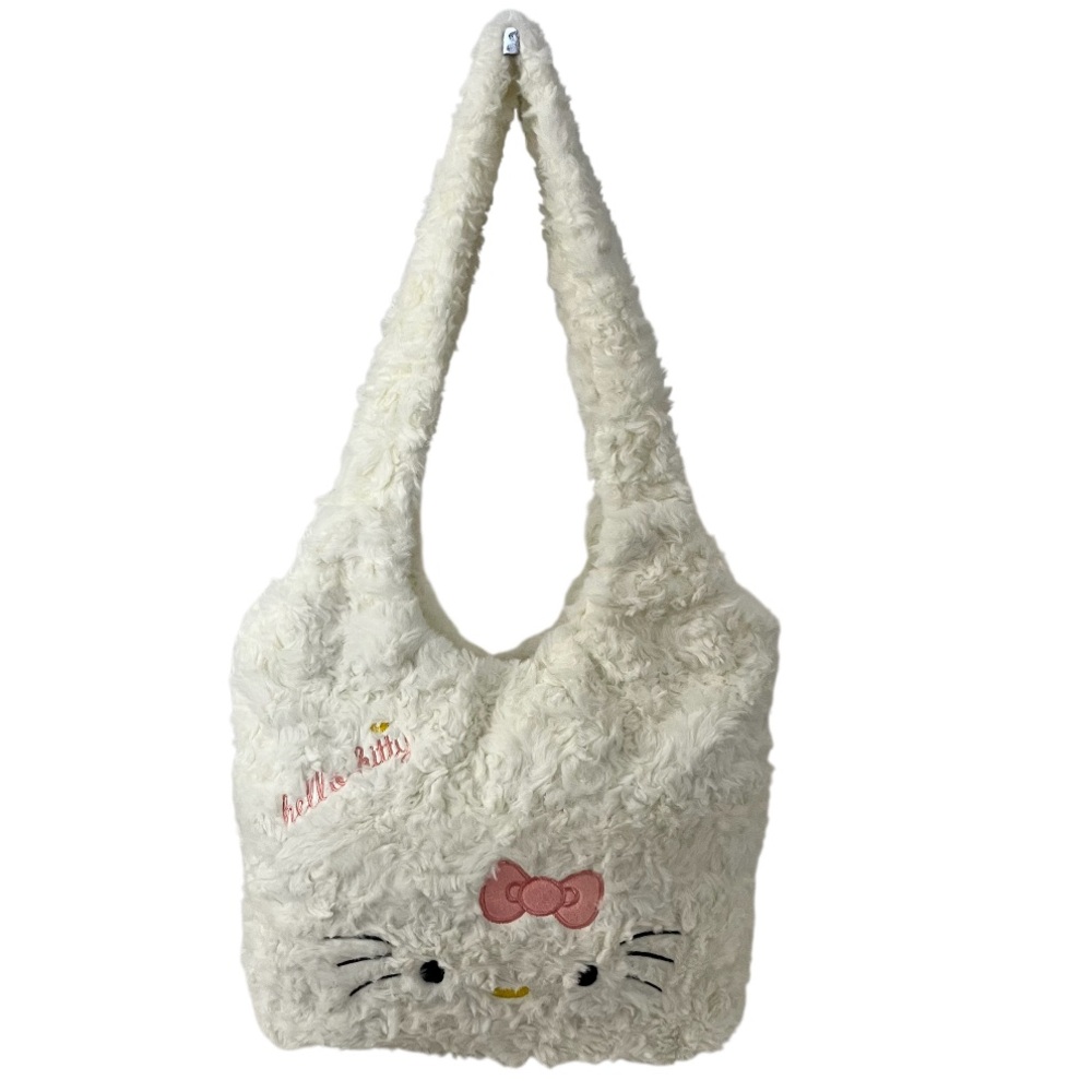 NEW Sanrio Hello Kitty Embroidered Soft Plush Top Zip Tote Purse Bag Ivory Pink